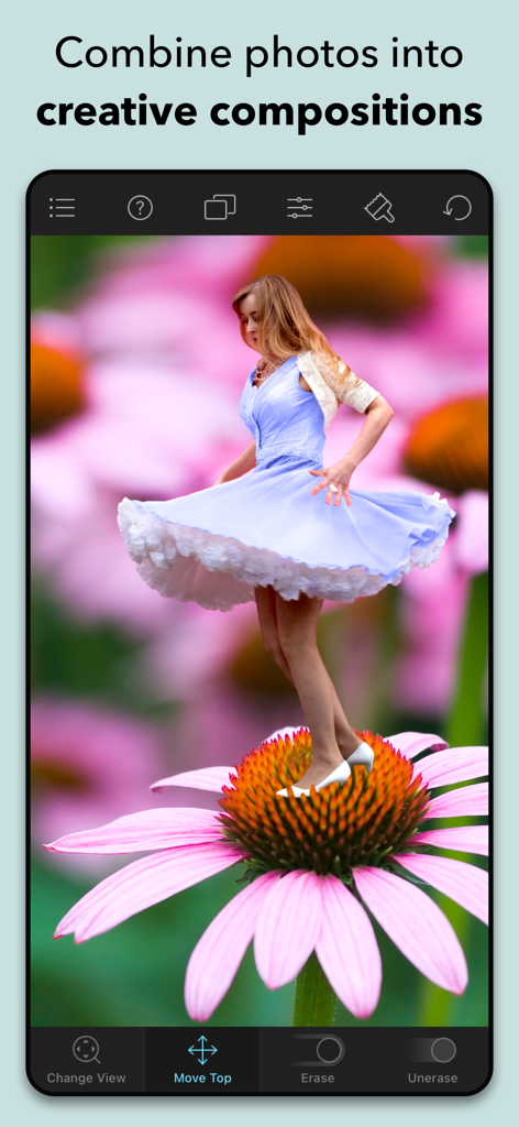 Juxtaposer: cut, combine, edit - Juxtaposerアプリを使用して作成された、ピンクの花の上で踊る青いドレスの女性