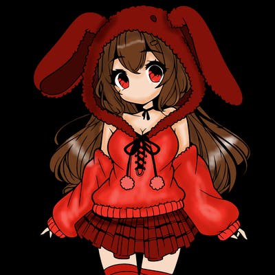 pretty anime girl wearing a fluffy hoodie with bunny ears on the hood and a skirt