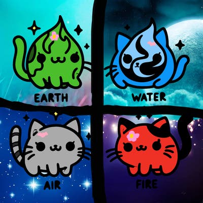 4 cats that represent the different elements, earth, water, air, and fire