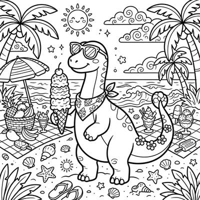 Join our adorable Shunosaurus as it soaks up the sun and savors a giant ice cream on a vibrant summer beach! This delightful coloring page captures the essence of a perfect dino vacation, ready for your creative touch.