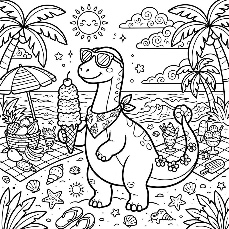 Join our adorable Shunosaurus as it soaks up the sun and savors a giant ice cream on a vibrant summer beach! This delightful coloring page captures the essence of a perfect dino vacation, ready for your creative touch.