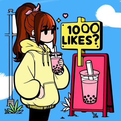girl with oversized hoodie drinking boba and she has a high ponytail with a sign that says 10likes?