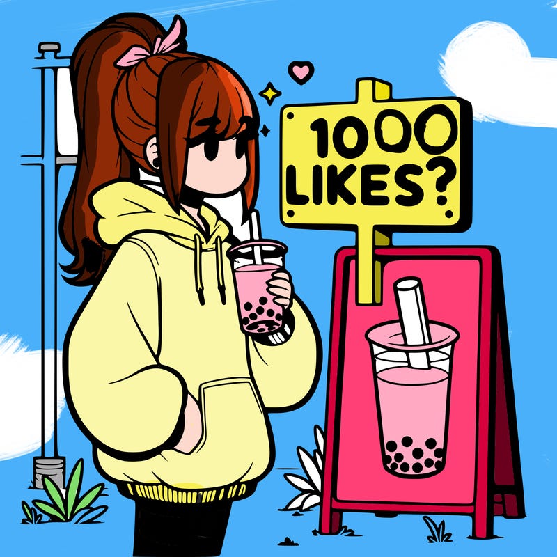 girl with oversized hoodie drinking boba and she has a high ponytail with a sign that says 10likes?