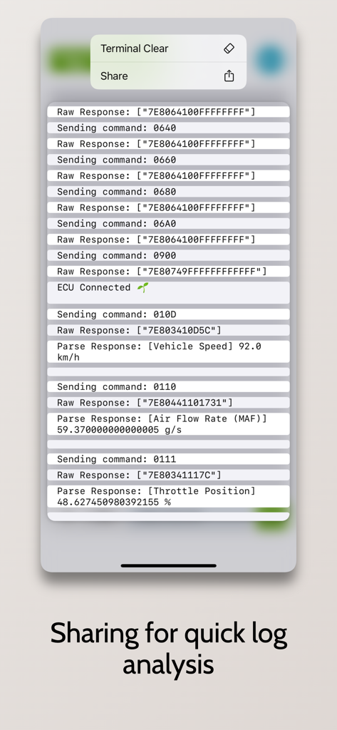 Interface showing raw OBDII responses and options to share diagnostic logs