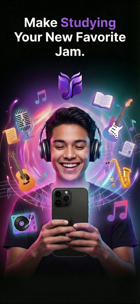 StudyBeats: AI Song Generator - A young student with headphones smiling while using the StudyBeats app to turn his lecture notes into catchy music