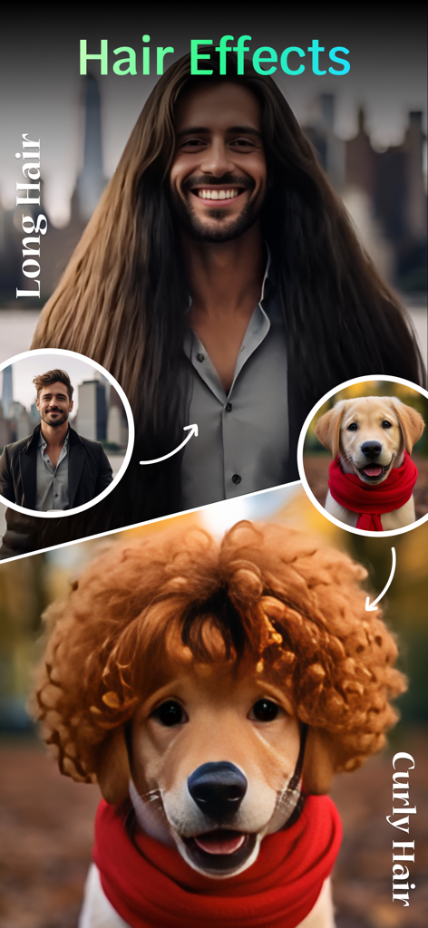 Ai Kiss Video Maker : Picfy - Interface de l'application Picfy affichant des transformations de cheveux longs et bouclés alimentées par IA sur une personne et un animal de compagnie.