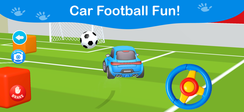 ABC Letter Tracing Games - Un coche de juguete azul y un balón de fútbol en un campo verde en el minijuego de fútbol de coches.