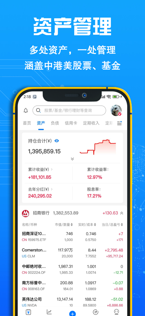 FIRE记账 - FIRE记账APP界面，显示资产管理，包含全球股票和基金投资组合追踪。