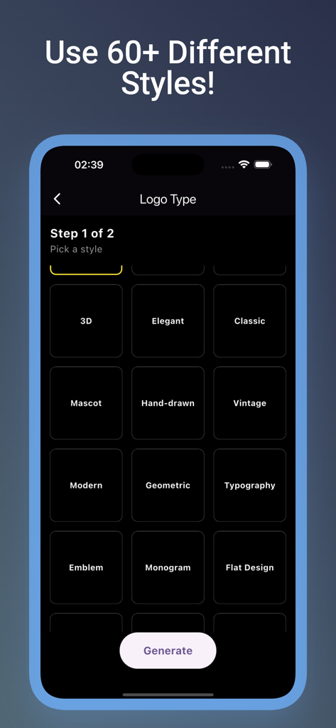 AI Logo Maker : logo generator - Interface of AI Logo Maker app showing a grid of different logo styles like 3D, Vintage, and Modern to choose from.