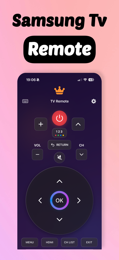 Interface of the Samsung TV remote app for iPhone showing power volume and channel controls