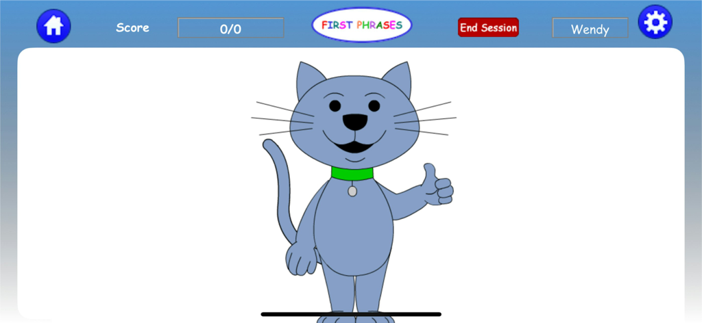 First Phrases HD - A blue cartoon cat giving a thumbs up inside the First Phrases HD app interface