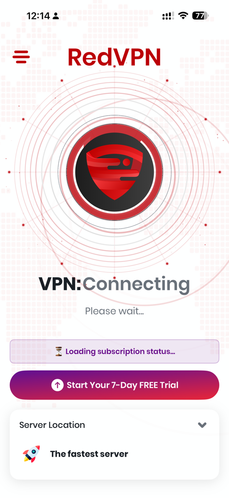 RedVPN: Fast Unlimited VPN - La interfaz de la aplicación RedVPN mostrando un icono de escudo y el estado de conexión en un iPhone