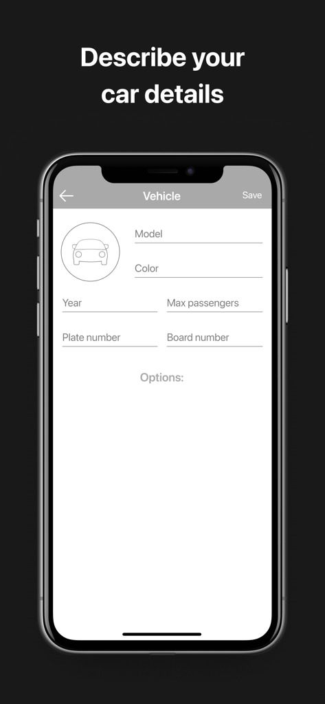 TaxiFy Driver - TaxiFy Driver app interface for entering car information including model color year and plate number