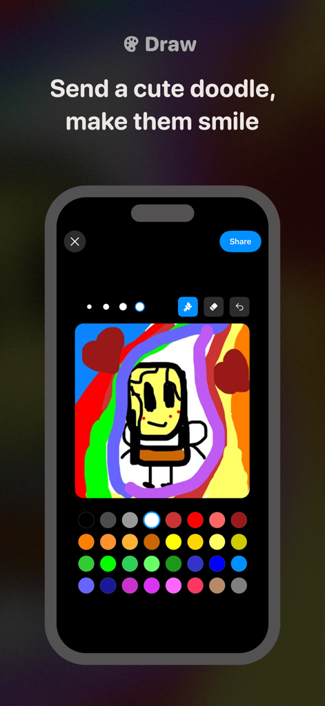 WidGeekアプリの描画インターフェースで作成中のキャラクターのカラフルな手描きの落書き。