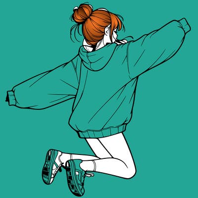 realistic girl jumping with a bun and oversized sweatshirt