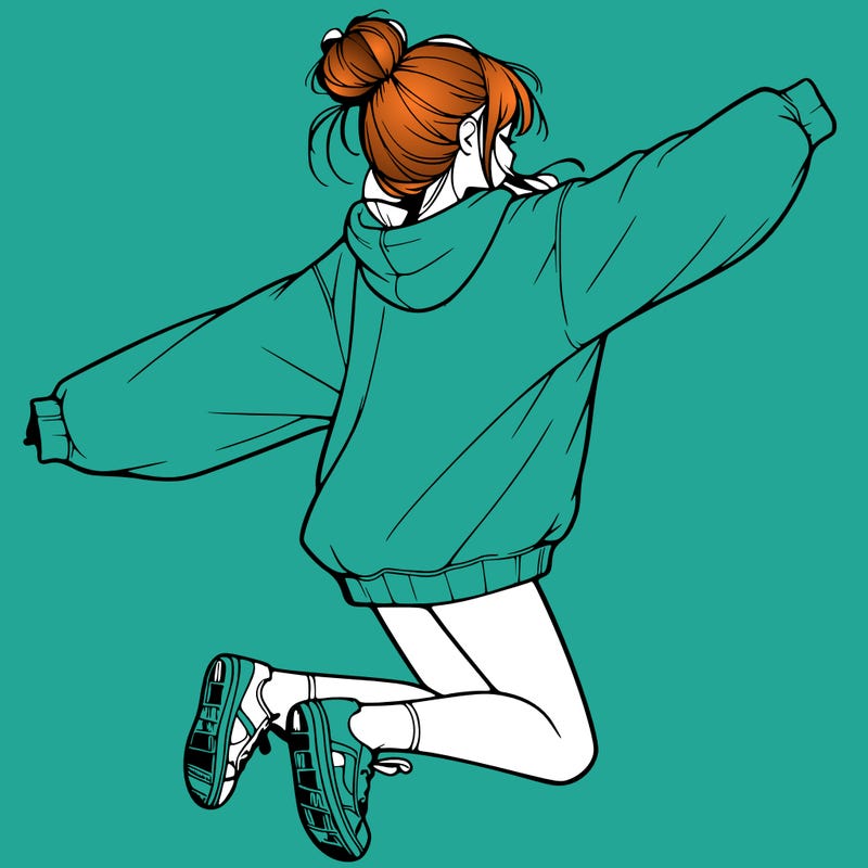 realistic girl jumping with a bun and oversized sweatshirt
