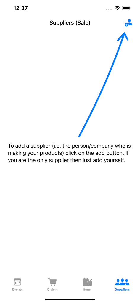 PreO - The Preorder Manager - Tela instrutiva no aplicativo PreO mostrando como adicionar um fornecedor de produto