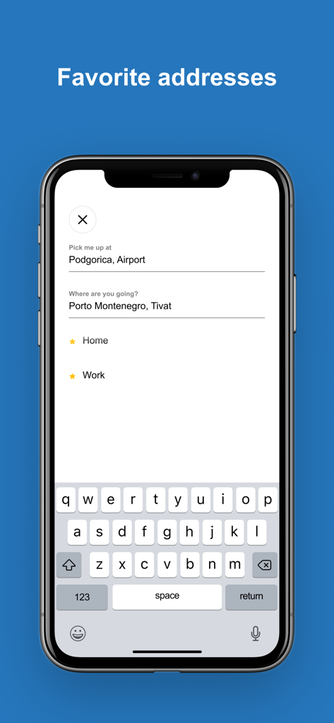 TeslaGoApp rides in Montenegro - TeslaGoApp favorite addresses screen showing pickup at Podgorica Airport and destination at Porto Montenegro