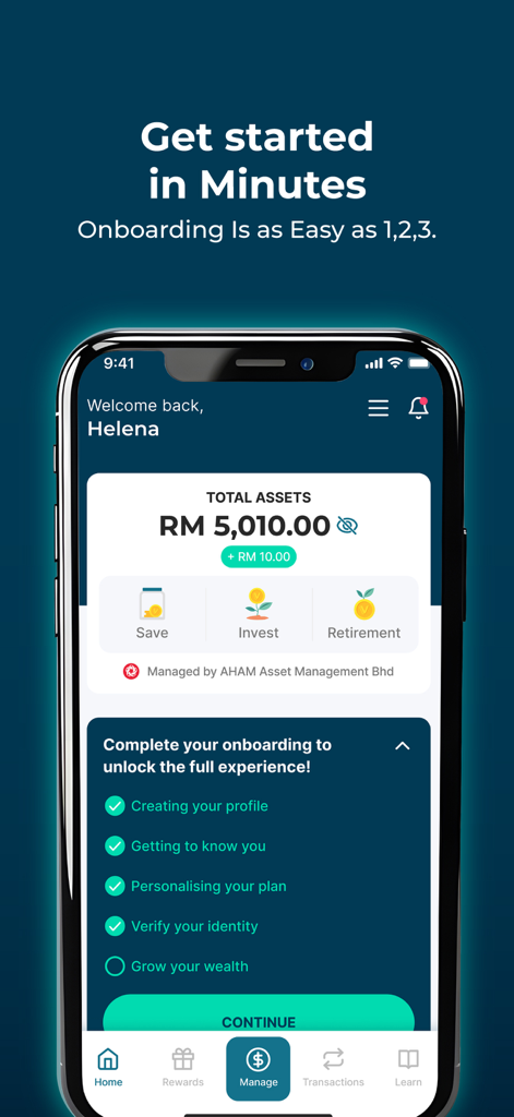 Versa app onboarding screen showing a checklist for creating a profile, verifying identity, and growing wealth.