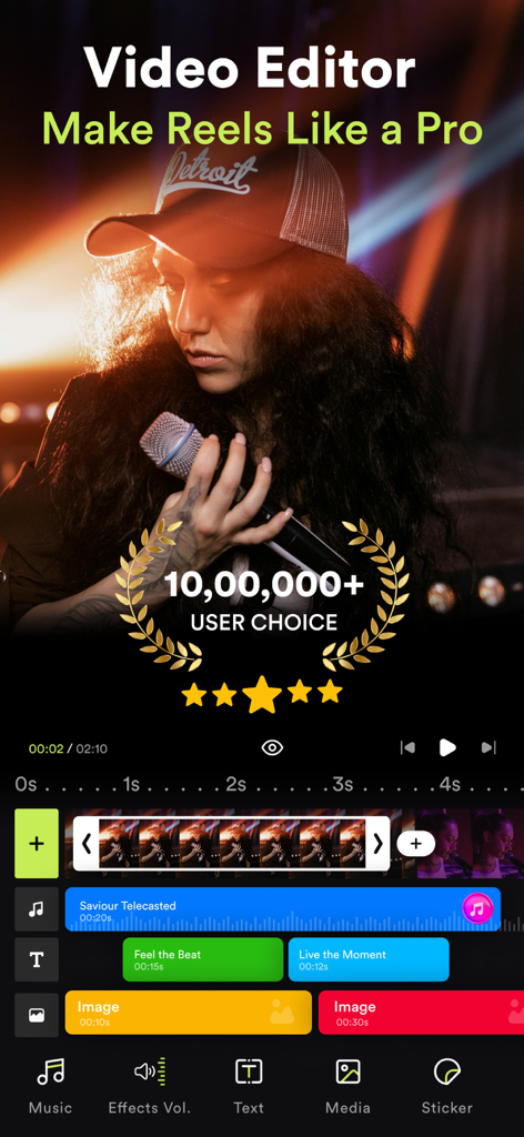 VILO: Video Editor Reel Maker - VILOビデオエディタアプリのインターフェース。プロのリール作成機能とマルチレイヤータイムラインが表示されています。