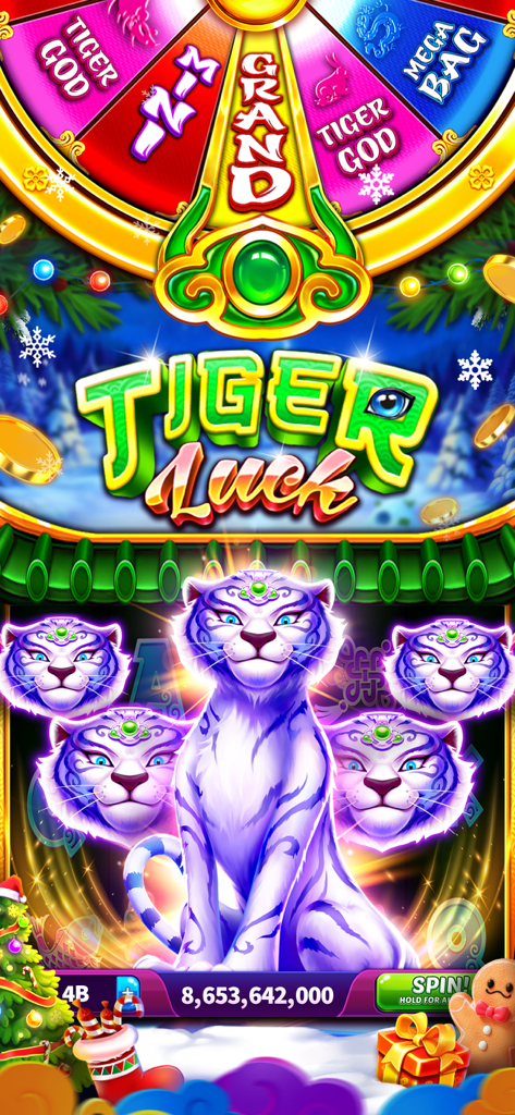 Jackpot Wins - Slots Casino - Jugabilidad en modo retrato de la máquina tragamonedas "Tiger Luck" con un tigre blanco y una rueda de premios en Jackpot Wins.