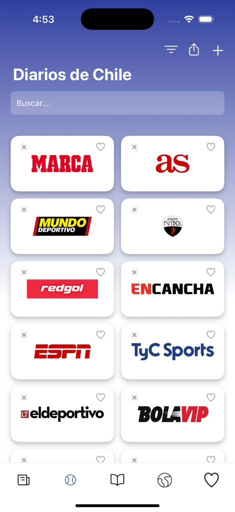 Diarios de Chile - Interface of the Diarios de Chile app showing a grid of sports news logos including ESPN Marca and RedGol
