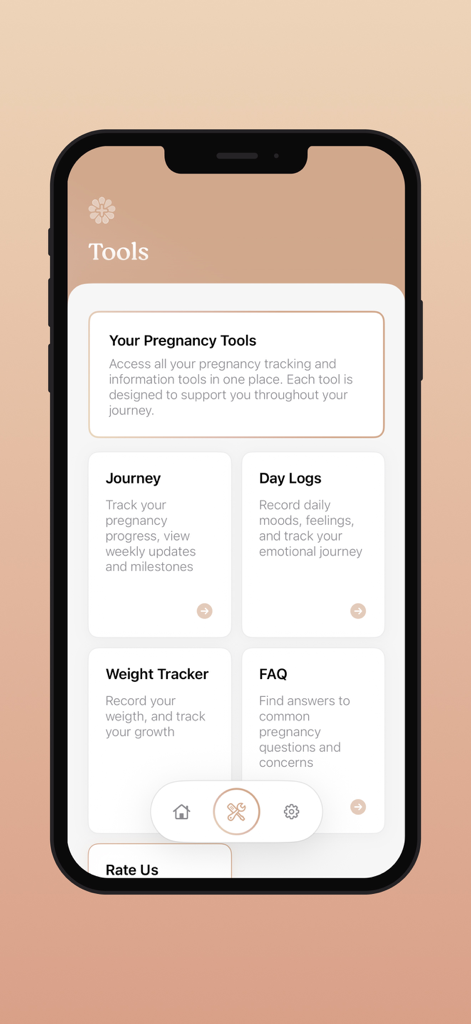 Nine+ Pregnancy Tracking - Captura de pantalla del menú de herramientas de la aplicación de rastreo de embarazo Nine Plus que muestra opciones para Registros del Día del Viaje y Rastreador de Peso