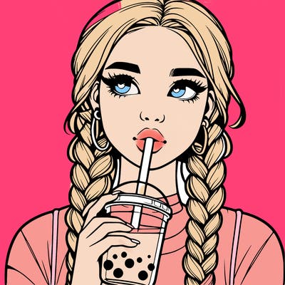 realistic girl with braided hair drinking boba