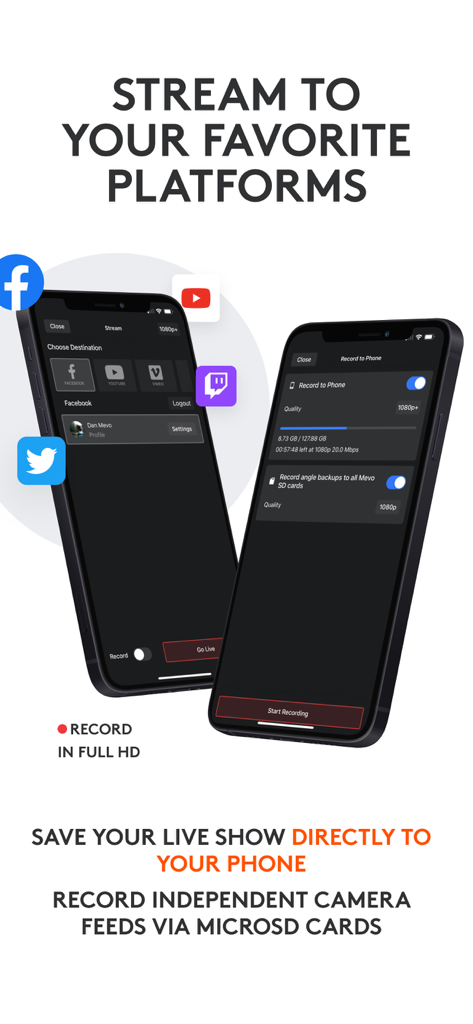 Logitech Mevo Multicam app interface showing live streaming platform options and HD recording settings