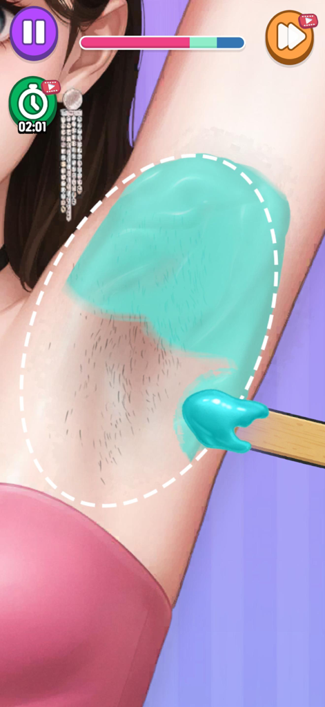 Makeup Skin Care: ASMR Salon - Uma simulação de aplicação de cera azul na axila para remoção de pelos em um jogo de salão de beleza.