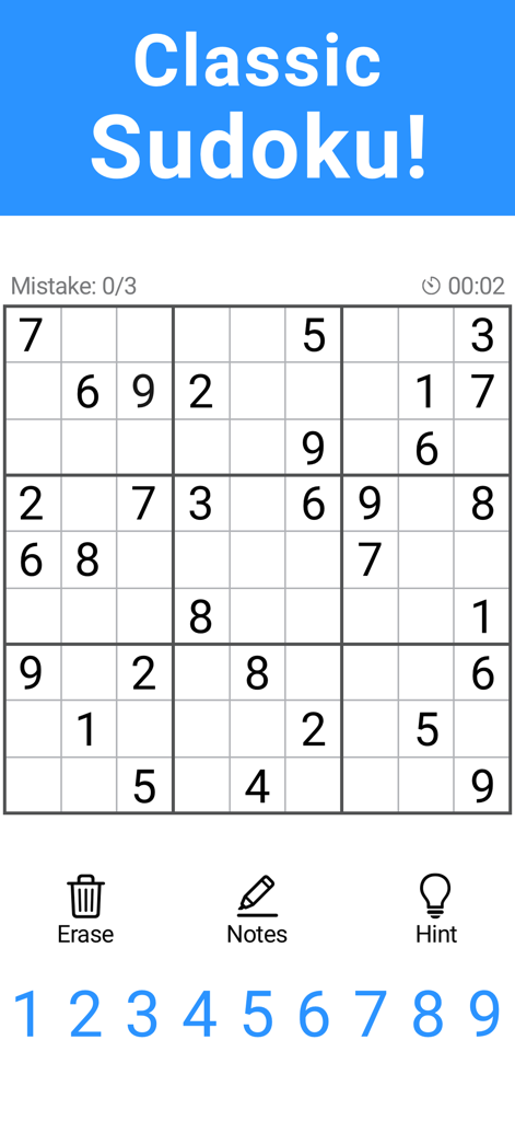 Interfaz de juego de Sudoku clásico con una cuadrícula de puzzle de 9x9 y herramientas de juego como notas y pistas.