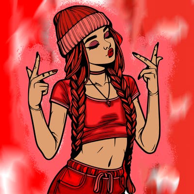 realistic teenage girl with braids and a beanie and crop top doing 🫶🏼