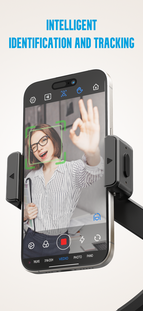 Gimbal Show - Smartphone sur un stabilisateur de cardan utilisant l'application Gimbal Show avec le suivi facial intelligent activé.
