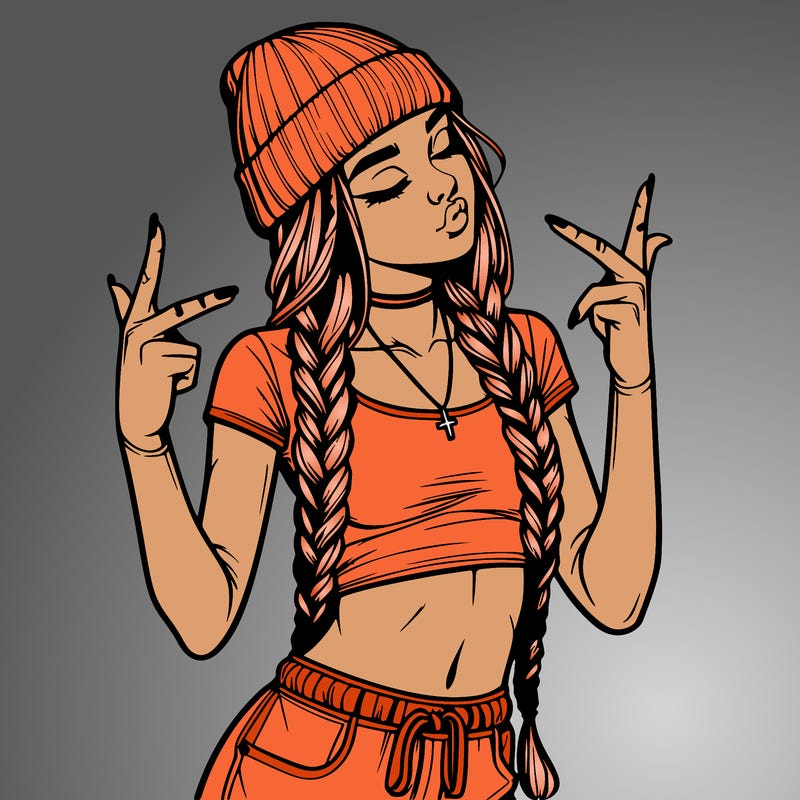 realistic teenage girl with braids and a beanie and crop top doing 🫶🏼