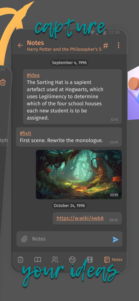 Fabula. Story Planner - A mobile interface for the Fabula app showing story notes, hashtags, and a forest illustration for creative writing planning.