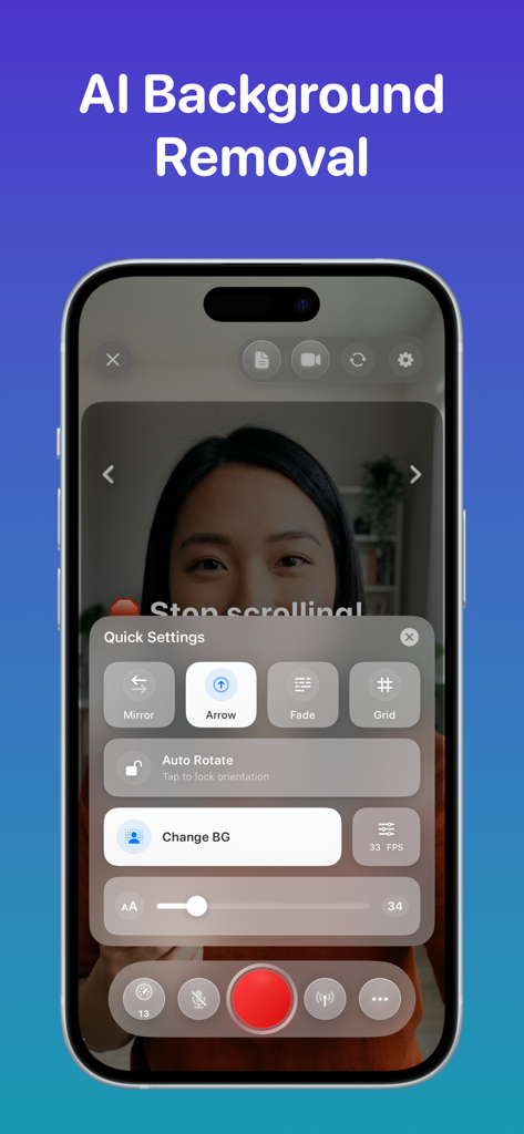 Interface of the Teleprompter App showing the AI Background Removal and Quick Settings menu on an iPhone.