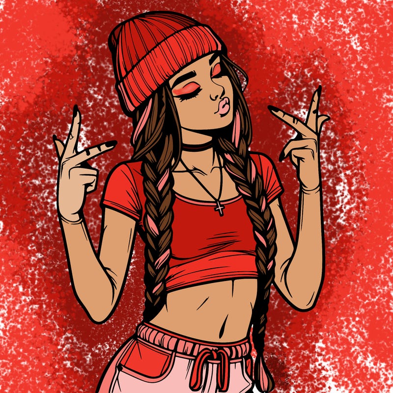 realistic teenage girl with braids and a beanie and crop top doing 🫶🏼