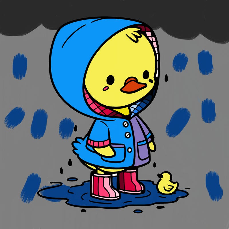 baby duck in a rain coat and boots, in a puddle while it’s raining