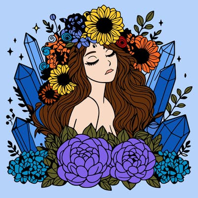complex woman with flowers, crystals