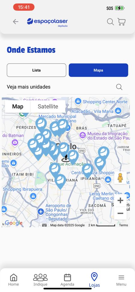Map view showing multiple Espacolaser clinic locations with blue pin markers in a city