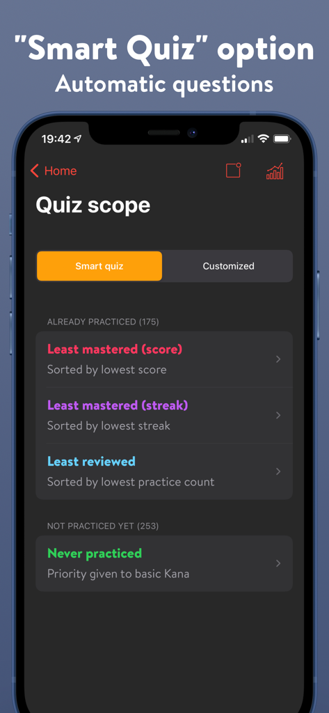 Kana - Hiragana and Katakana - Interface of the Kana app showing smart quiz scope options for personalized Japanese character practice.