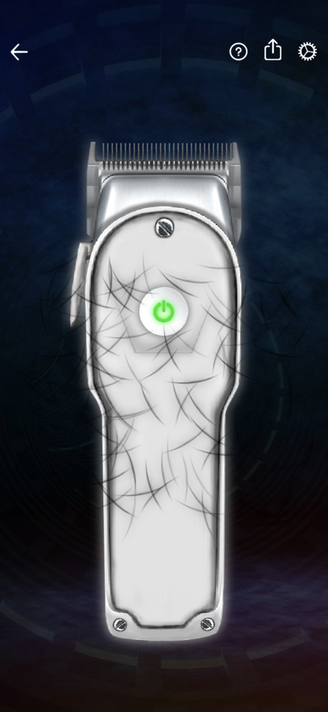 Prank Tools - Realistic digital hair clipper simulator with a glowing power button and hair strands for prank purposes.