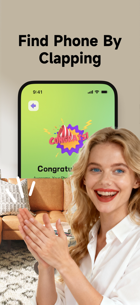 ClapFinder : Clap Find Phone - A smiling woman clapping her hands to find her lost phone using the ClapFinder app