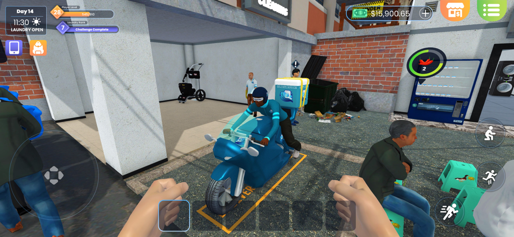 A blue delivery motorcycle with a driver parked outside the shop in Laundry Store Simulator