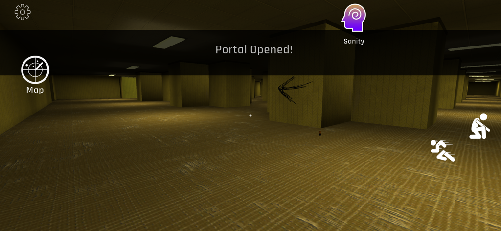 Backrooms Anomaly - Gameplay of Backrooms Anomaly showing a yellow office maze with a notification that a portal has opened