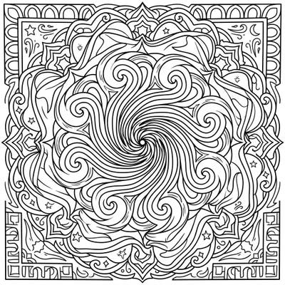 Dive into the mesmerizing depths of this Sirocco Mandala, featuring intricate swirling patterns that capture the powerful essence of desert winds. This symmetrical design offers a unique and meditative coloring experience for artists of all levels.