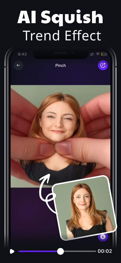AI Video Generator: VIDIOAI - AI Squish Trend Effect demonstration on a mobile app interface