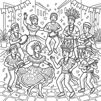 Immerse yourself in the joyful rhythm of a Samba de Roda performance, infused with the vibrant spirit of Pride Month. This coloring page celebrates diversity, music, and dance in a captivating street scene.