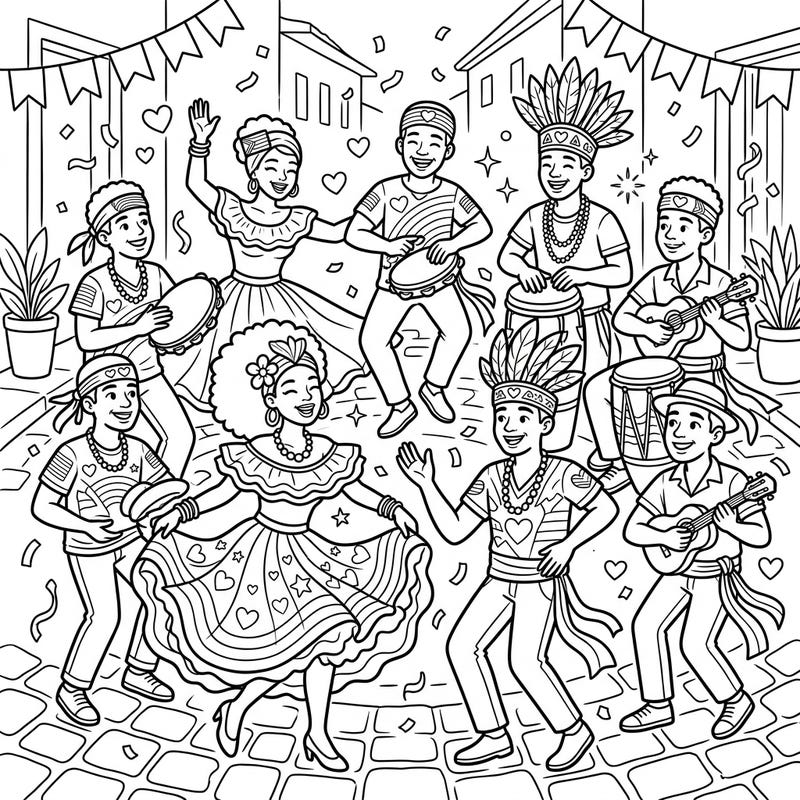 Immerse yourself in the joyful rhythm of a Samba de Roda performance, infused with the vibrant spirit of Pride Month. This coloring page celebrates diversity, music, and dance in a captivating street scene.