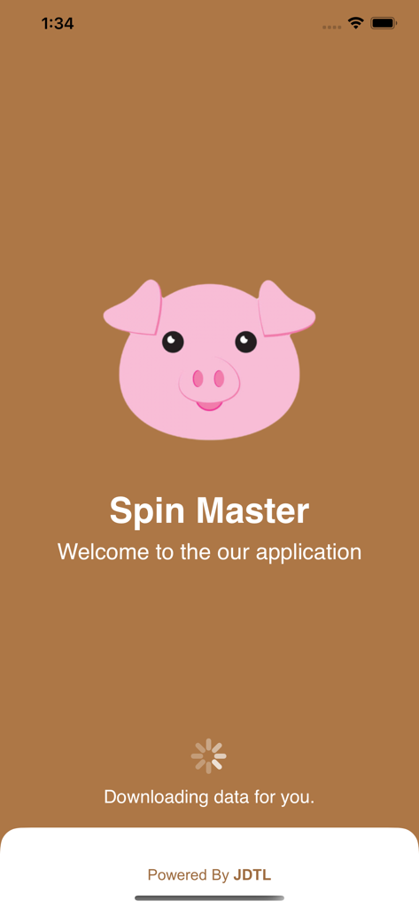 Pantalla de inicio de la aplicación Spin Master con un icono de cerdo rosa y notificación de descarga de datos